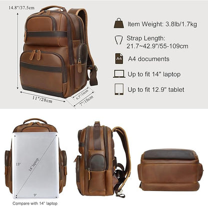 TIDING Men's Vintage Leather Backpack 15.6" Laptop Bag Large Capacity Business Travel Hiking Shoulder Daypacks
