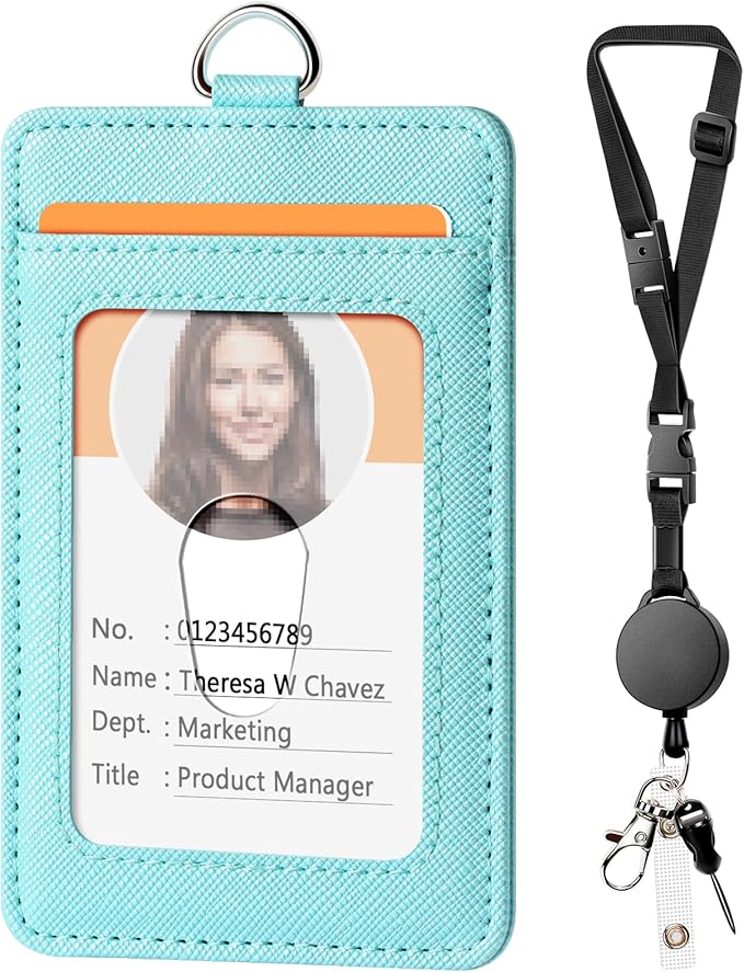 Leather Badge Holder and Adjustable Retractable Lanyards, Quick Release Buckle and Safety Breakaway Lanyards with Swivel Metal Clasp for Offices, Staff, Students, Employees
