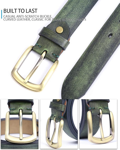 Men's Casual Leather Belt, Handmade Vintage Green Jeans Belt for Everyday Work Casual, Packed in Gift Box