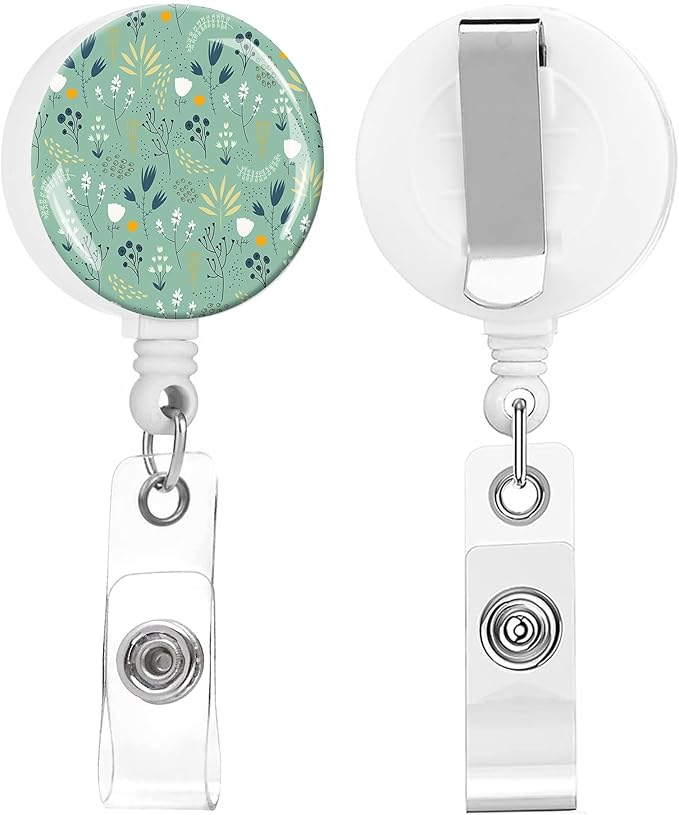 2 Pack Badge Reels Holder Retractable with ID Clip for Nurse Name Tag Card Nursing for Doctor Teacher Student Employee Office Medical Work (Green Flower)