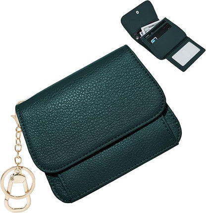 Women Small Wallet RFID Blocking Slim Wallet with Coin Pocket Tri-Fold Credit Card Holder with ID Window and Keychain (Dark Green)