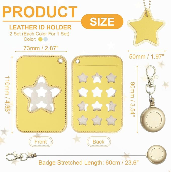 PATIKIL Retractable Badge Holders, 2 Pcs Cute Leather ID Holder with Badge Reels Keychain ID Card Clip Protector Cover for Women Work Office Business Trip, Light Blue/Yellow