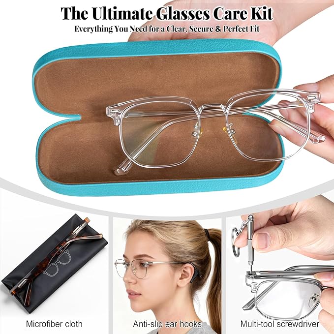 RayLove Glasses Case, 2 Pack Unisex Hard Shell Eyeglass Case PU Leather Hard Eyeglass Case with Eyewear Accessories