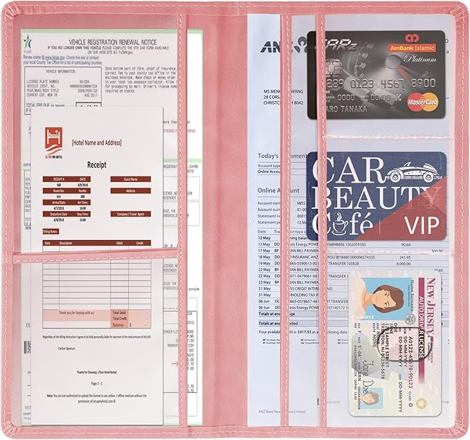 Car Accessories Registration and Insurance Holder,Leather Essential Card Magnetic Shut Vehicle Glove Box Organizer Case for Auto Driver License Document Truck Motorcycle Boat-Pink