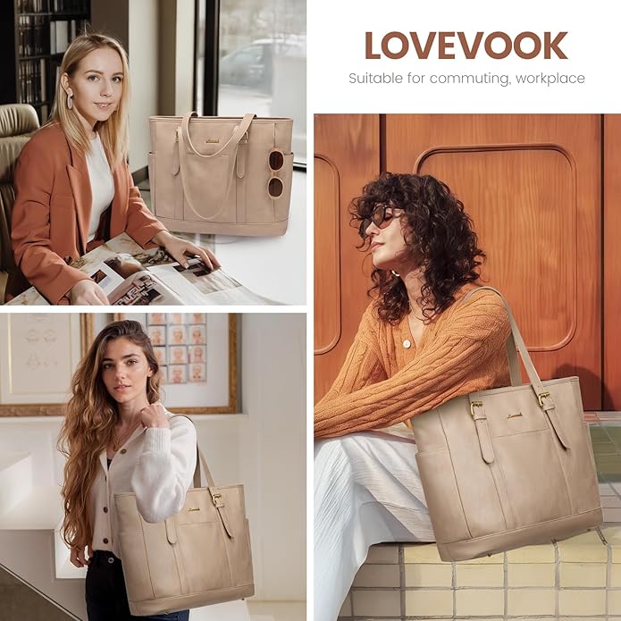 LOVEVOOK Laptop Tote Bag for Women,Vintage Leather Work Tote Bag for Women Computer Briefcase Bag,Waterproof Teacher Business