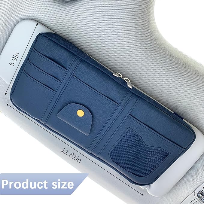 Car Sun Visor Organizer, Multi-Pocket Leather Vehicle Visor Storage Pouch & Sunglasses Holder, Auto Interior Document Card Holder with Double Zipper, Universal for Truck SUV Sedan (Navy Blue)