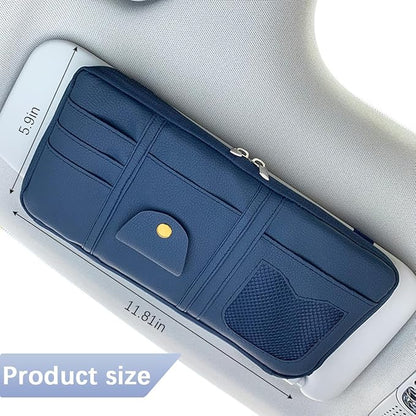 Car Sun Visor Organizer, Multi-Pocket Leather Vehicle Visor Storage Pouch & Sunglasses Holder, Auto Interior Document Card Holder with Double Zipper, Universal for Truck SUV Sedan (Navy Blue)