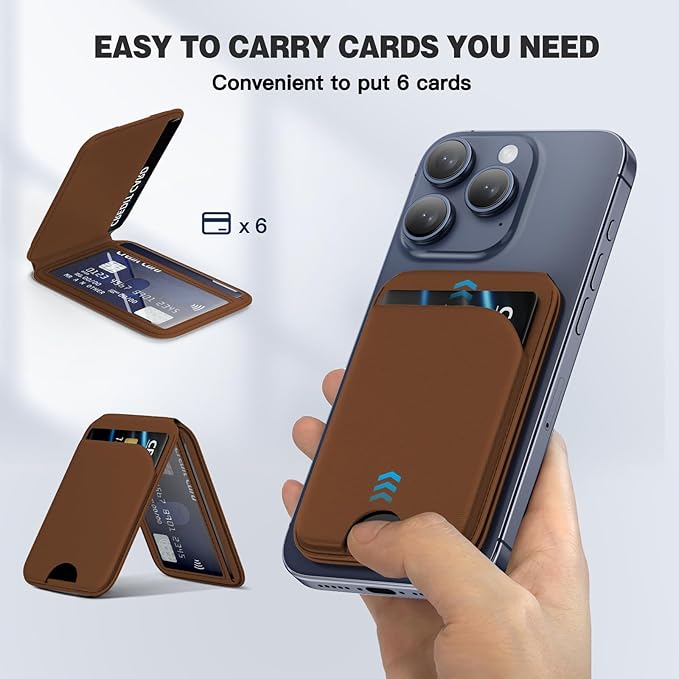 QYQBOON Mag-Safe Wallet for iPhone - Lightweight Magnetic Phone Wallet Stand With Adjustable Leather Card Holder for iPhone 17/16/15/14/13/12 Series, Not for Mini (Brown)