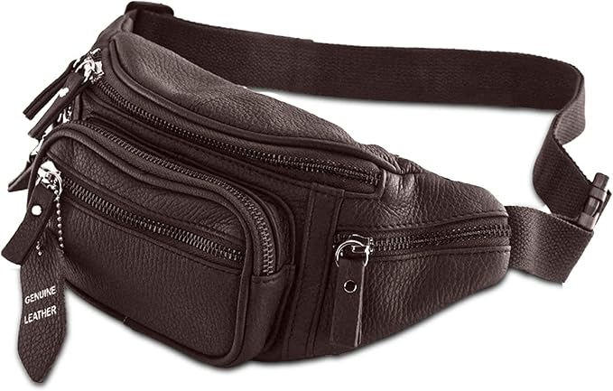 Fanny Pack Waist Bag Multifunction Genuine Leather Hip Bum Bag Travel Pouch for Men and Women- Multiple Pockets & Sturdy Zippers Ideal for Hiking Running And Cycling