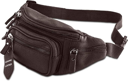 Fanny Pack Waist Bag Multifunction Genuine Leather Hip Bum Bag Travel Pouch for Men and Women- Multiple Pockets & Sturdy Zippers Ideal for Hiking Running And Cycling