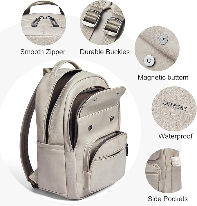 Leresas 37L Backpack Purse for Women Men Vegan Leather Teacher College Bag Daypack Work Business Back Pack Fashion Travel Back Pack Light Grey