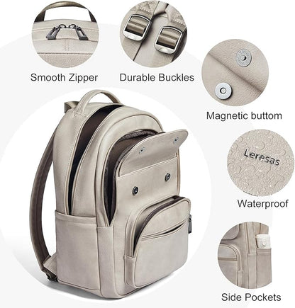 Leresas 37L Backpack Purse for Women Men Vegan Leather Teacher College Bag Daypack Work Business Back Pack Fashion Travel Back Pack Light Grey