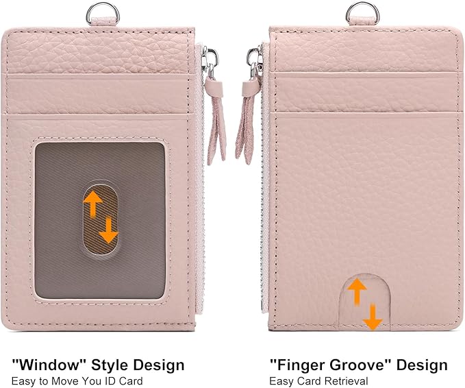 SENDEFN Retractable Badge Holder Wallet, Genuine Leather ID Card Holder with Removable Neck Lanyard Clasp, Five Card Slots, for Office Staff Women