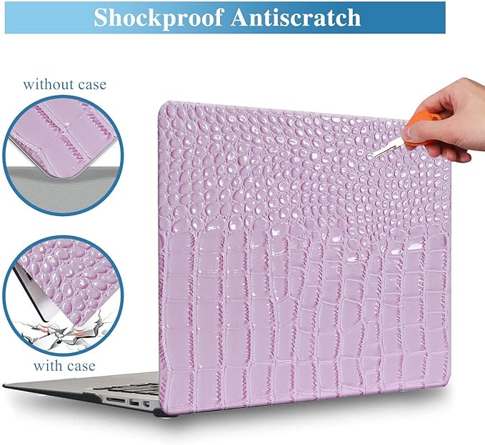 KEROM Compatible for Crocodile MacBook Pro 13 Inch Case 2025-2016 M2 M1 A2338 A2289 A2251 A2159 A1989 A1706 A1708, Textured Aligator Skin Snakeskin PU Leather Hardshell & Keyboard Cover, Lilac