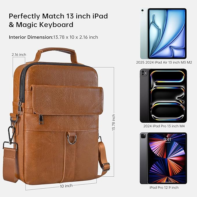 12.9-13 Inch iPad Carrying Leather Bag for 2026 2025 13 inch iPad Air M4 M3 & iPad Pro M4 M5 with Magic Keyboard, iPad Pro 12.9, Travel Shoulder Sleeve Case, Brown