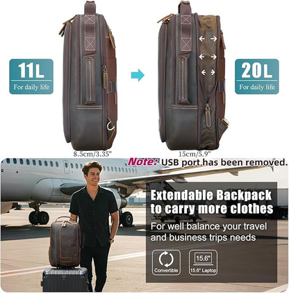 Masa Kawa Leather 15.6" Laptop Backpack for Men Convertible Briefcase Backpacks Expandable Vintage Business Work Travel Rucksack Daypack, Brown