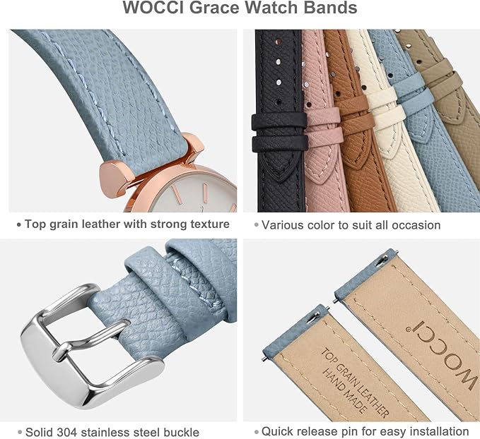 WOCCI 15mm Grace Leather Watch Band for Ladies, Top Grain Leather, Quick Release Replacement Strap with Silver Buckle (Mist Blue)