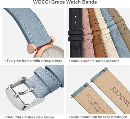 WOCCI 13mm Grace Leather Watch Band for Ladies, Top Grain Leather, Quick Release Replacement Strap with Silver Buckle (Mist Blue)