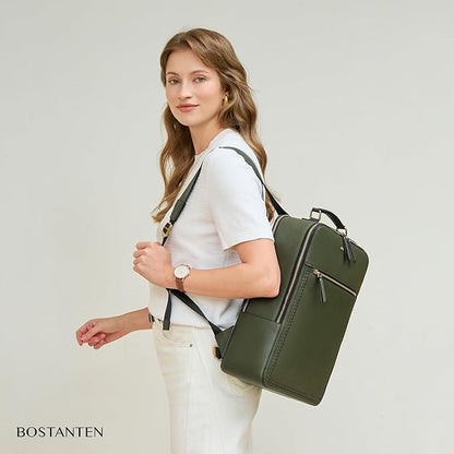 BOSTANTEN Leather Backpack 15.6 inch Laptop Bag Travel Casual Computer Backpack College Business Work Shoulder Bags with Trolley Sleeve for Women Men Olive Green