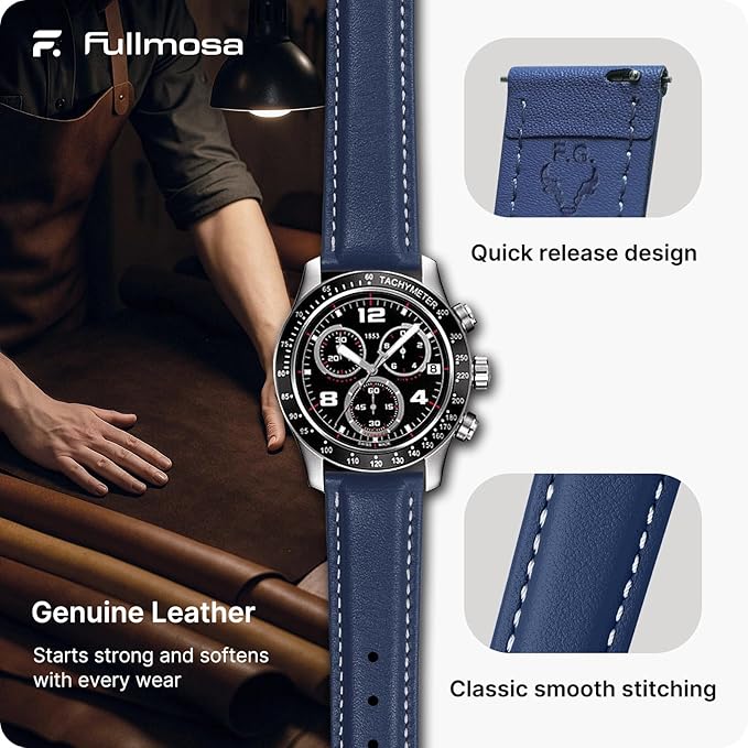 Fullmosa Watch Band, Quick Release Leather Watch Strap for Men Women, Replacement Bands Width 12mm 14mm 16mm 18mm 19mm 20mm 21mm 22mm 24mm