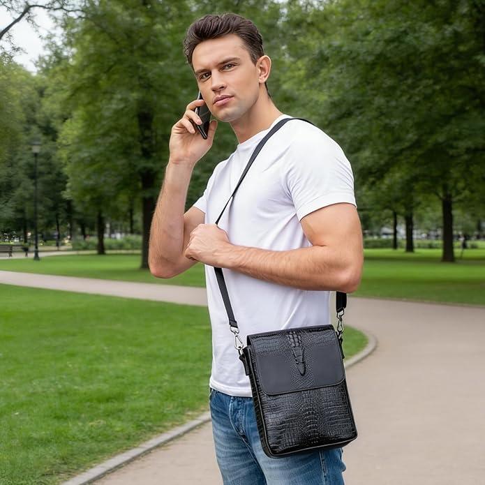 NIUCUNZH Leather Flap Messenger Bag for Men Small Crossbody Shoulder Bag,Novelty Crocodile Embossed