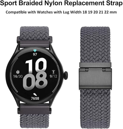WOCCI 22mm Braided Nylon Watch Band for Men and Women, Quick Release, Black Stainless Steel Buckle (Grey)