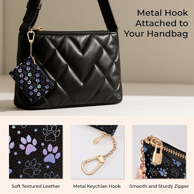 Dog Paw Cute Keychain Coin Purse for Women, Small PU Leather Change Pouch, Zipper Little Travel Credit Card Wallet for Girls, Tiny Zip Pocket Coin Holder with Key Ring for Ladies Gifts