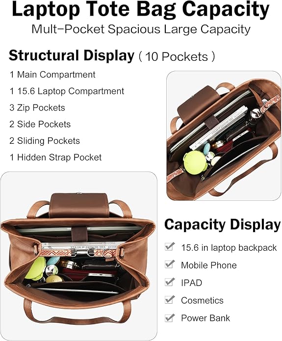 FADEON Large Laptop Tote Bag for Women Designer Leather Laptop Bag Fashion Travel Backpack Purse Shoulder Handbag
