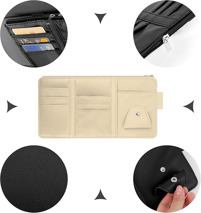 Car Visor Organizer with Sunglass Holder,Multi-Functional Car Sun Visor Organizer with Zipper for Cards,Money,Tickets,Leather Interior Accessories (Beige)