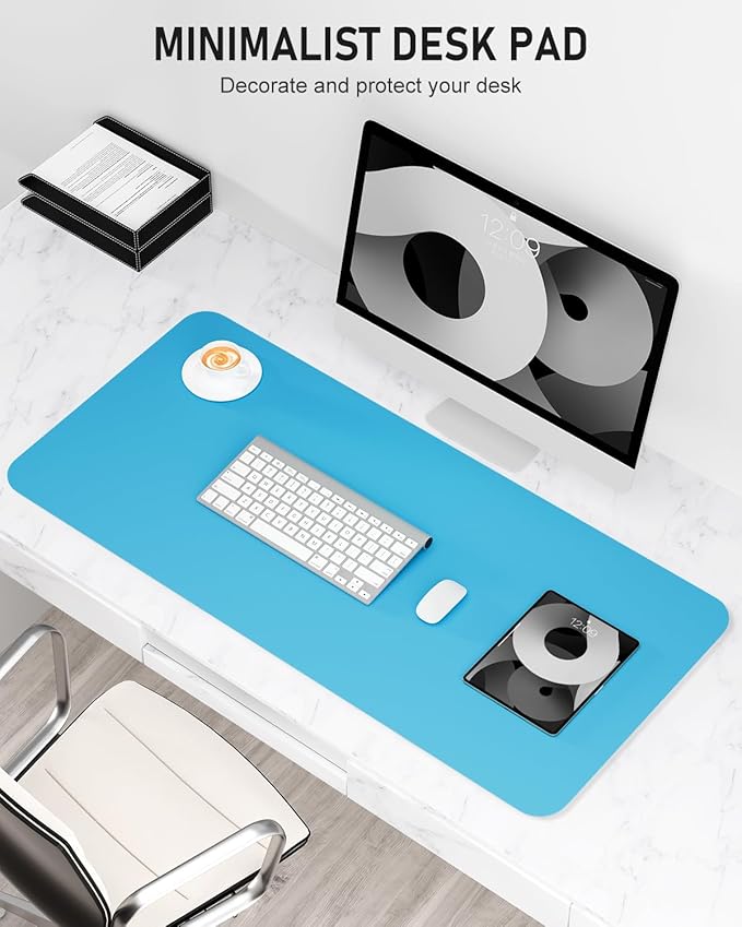 Desk Pad, 23.6" x 13.8" PU Leather Non-Slip Desk Mat Large Mouse Pad for Desktop, Waterproof Laptop Computer Writing Mat for Office, Home, Work, Gaming, Aqua Blue