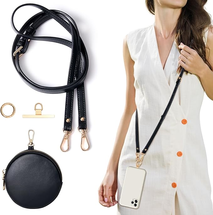 Clip and Go Phone Strap Crossbody with RFID Leather Wallet, Trendy Hands-Free Crossbody Cell Phone Lanyard Chain with Coin Purse for Women, Neck Chain for iPhone and Smartphone, Black