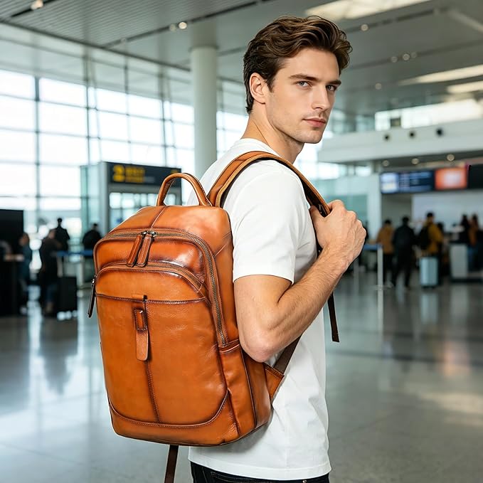NIUCUNZH Genuine Leather Backpack for Men Travel Daypack Women College School Computer Bag for 15inch Laptop Business (brown)