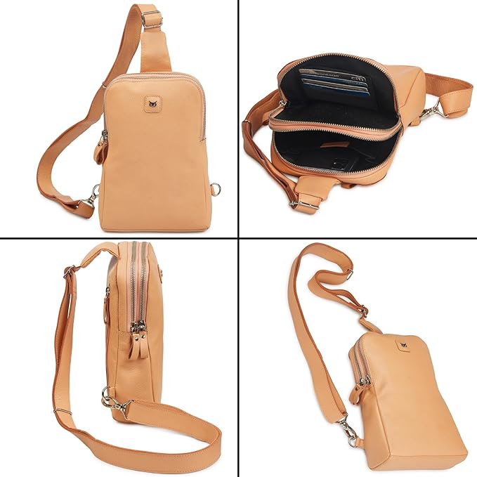 Leather Sling Bag for Women Genuine Crossbody Purse Small Trendy Cross Over Chest with Phone and Credit Card Slots (Peach Nappa)