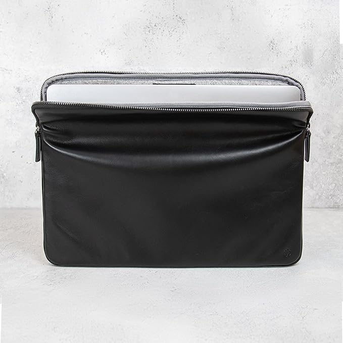 Casemade Real Leather Laptop Case/Zipped Folio Bag with Inner Pocket & Wool Lining Compatible with Apple MacBook, HP, Dell, Asus, Levovo (16 Inch - Black)