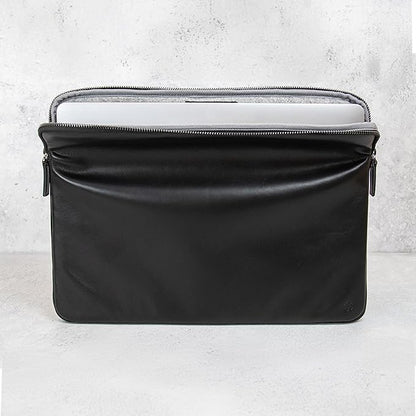 Casemade Real Leather Laptop Case/Zipped Folio Bag with Inner Pocket & Wool Lining Compatible with Apple MacBook, HP, Dell, Asus, Levovo (16 Inch - Black)
