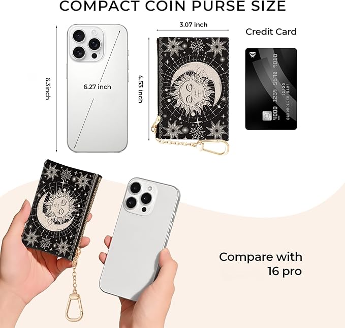 Sun Moon Keychain Coin Purse for Women, Small PU Leather Change Pouch, Zipper Little Tiny Travel Wallet for Girls, Cute Kawaii Zip Pocket Coin Holder with Key Ring