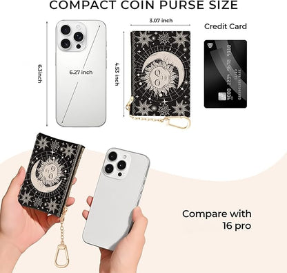 Sun Moon Keychain Coin Purse for Women, Small PU Leather Change Pouch, Zipper Little Tiny Travel Wallet for Girls, Cute Kawaii Zip Pocket Coin Holder with Key Ring