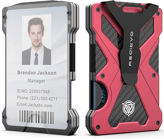 Oaridey Minimalist Wallet for Men- Slim Aluminum Metal Money Clip Wallet with Clear ID Card Holder, Carbon Fiber Wallet, RFID Blocking,Holds up 15 Cards with Cash Clip,Ultra-Thin Tactical Wallet- Red