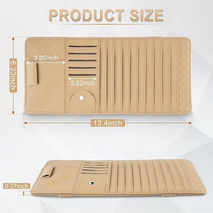 alpmosn Sun Visor CD Case Holder for Car - Multi-Function Visor Organizer with CD/DVD Storage, Eyeglass Clip, Card Slots & Pen Holder, Durable Leather Car Accessories (Beige)