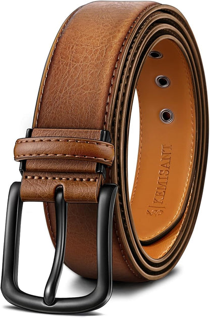KEMISANT Men Leather Belt 7Holes Adjustable for Jean Casual Dress Golf 1 1/2"-Metal Hole Design-Cut For Fit