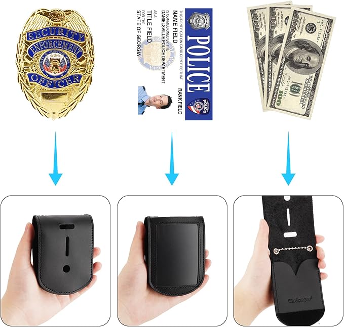 Wisdompro Police Badge Holder, Cowhide Leather Universal Police Badge Holder Pocket Case with Clear ID Window and Inside Card Slot, Hook and Loop Closure and Stainless Bead Chain Necklace - Rectangle