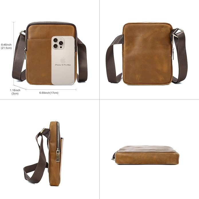 NIUCUNZH Man Purses and Bags Small, Mini Genuine Leather Messenger and Shoulder Bag for Men with lots of Zipper Pockets