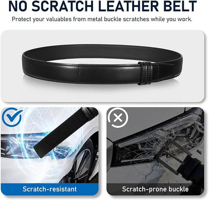 SANSTHS Mechanic Buckless Belts for Men, No Scratch Leather Work Belt Hook & Loop Tsa Belt for Technician Travel Gifts