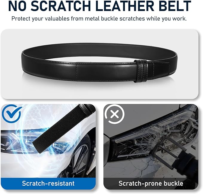 SANSTHS Mechanic Buckless Belts for Men, No Scratch Leather Work Belt Hook & Loop Tsa Belt for Technician Travel Gifts