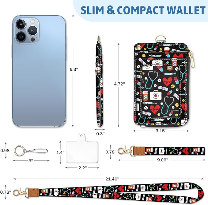 Pharmacy Nurse Lanyard Wallet with ID Badge Holder, RN Small RFID Wallet Women Keychain Wristlet, Slim Credit Card Holder with Zipper Pocket Phone Lanyard Wrist Strap Name Tag Office Teacher Doctor