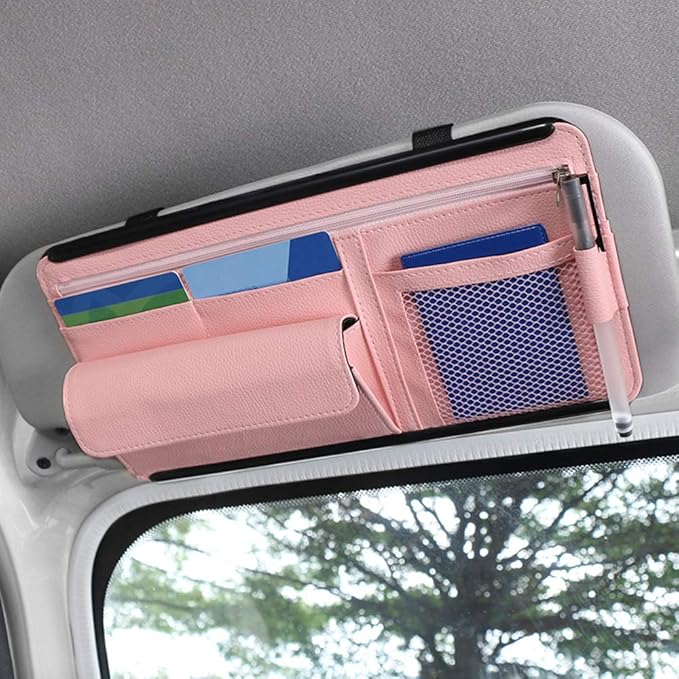 Car Sun Visor Multi-Pocket Net Zipper Organizer Auto Interior Accessories Pocket Organizer Storage Pouch Holder for Card License Pen Glasses (Pink)