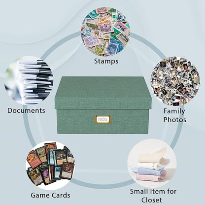 Decorative Photo Storage Box - Linen Photo Box Organizer with Dividers, Fits Holds Up to 1700 Pictures and 4x6 Photos, Memory Keepsake Organizer for Photos, Scrapbook Supplies, Cards, Stamps (Green)