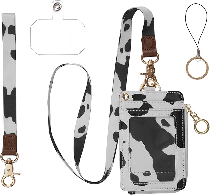 MONDO DESIGNS 2-in-1 ID Badge Holder & Lanyard Wallet - Multi-Use Womens Small Wallet with Removable Wristlet & Neck Lanyard, Clear Window, 5 Card Slots, Phone Holder, Ring Keychain - Cow