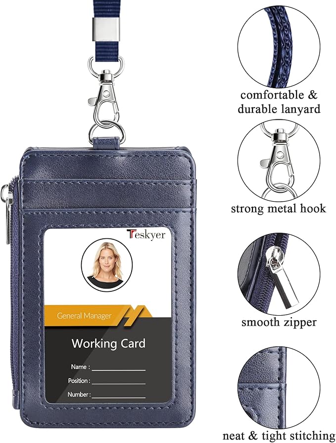 Teskyer Badge Holder with Side Zip Pocket, Multiple Card Slots Leather ID Holder Wallet with Neck Lanyard for Office Staffs, Teachers/Students, Couriers, Workers, Blue