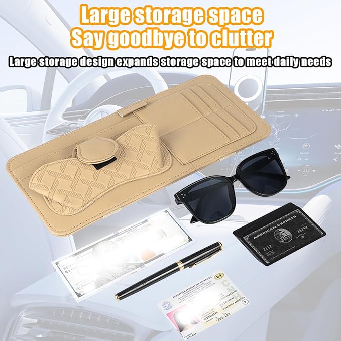 Car Sun Visor Organizer, Leather Multi Pocket Vehicle Visor Storage Pouch for Sunglasses Card License, Multifunctional Auto Interior Organization Accessories, Universal Fit (Beige)